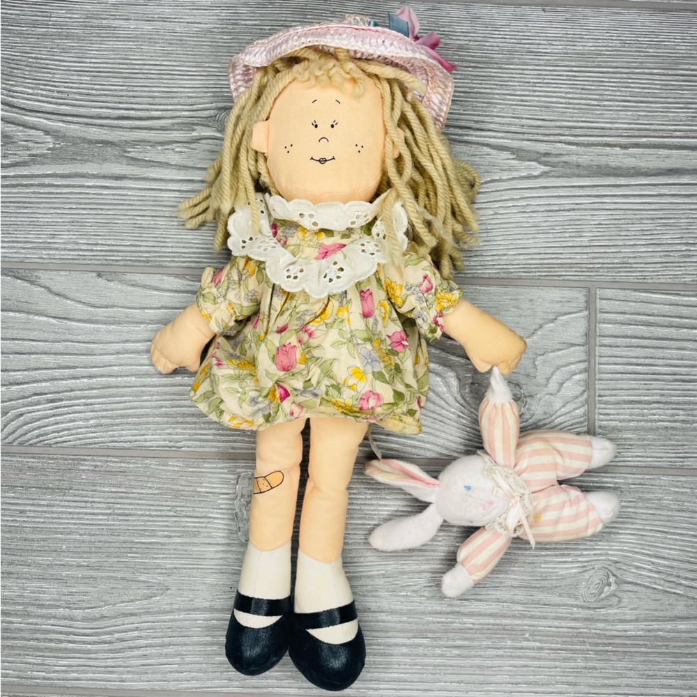 Vintage commonwealth cloth doll holding bunny rabbit plush toy unique
